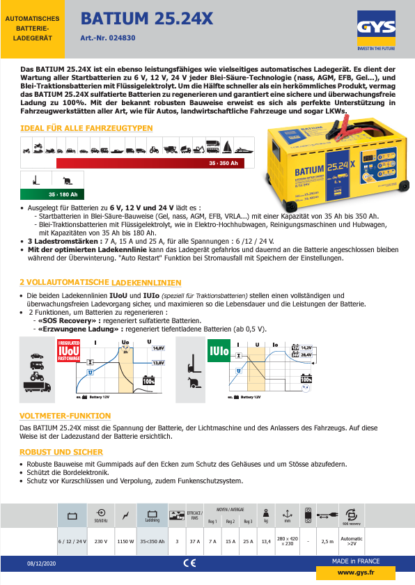 GYS Batium 25.24X: Profi Autobatterie-Ladegerät für Auto, Boot & BUS